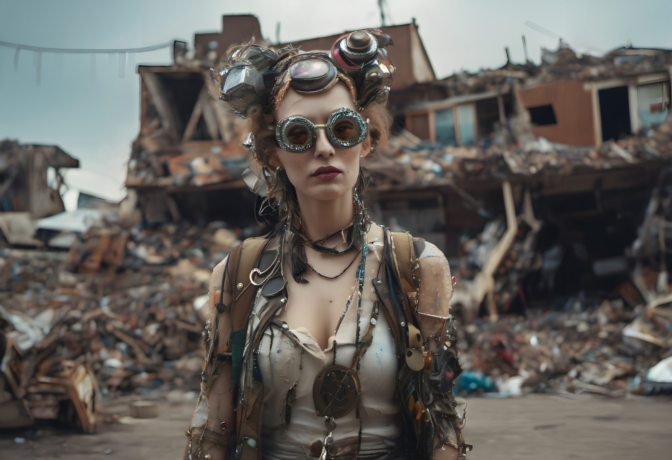Steampunk Survivor Amidst Ruins