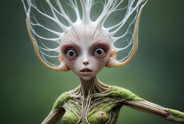 A fantasy creature with tendrils and moss, set against a green background.