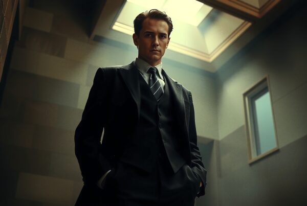 A man in a suit stands confidently under a skylight, creating a dramatic and sophisticated atmosphere.