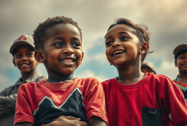 A group of happy children smiling outdoors under a cloudy sky, showcasing friendship and joy.