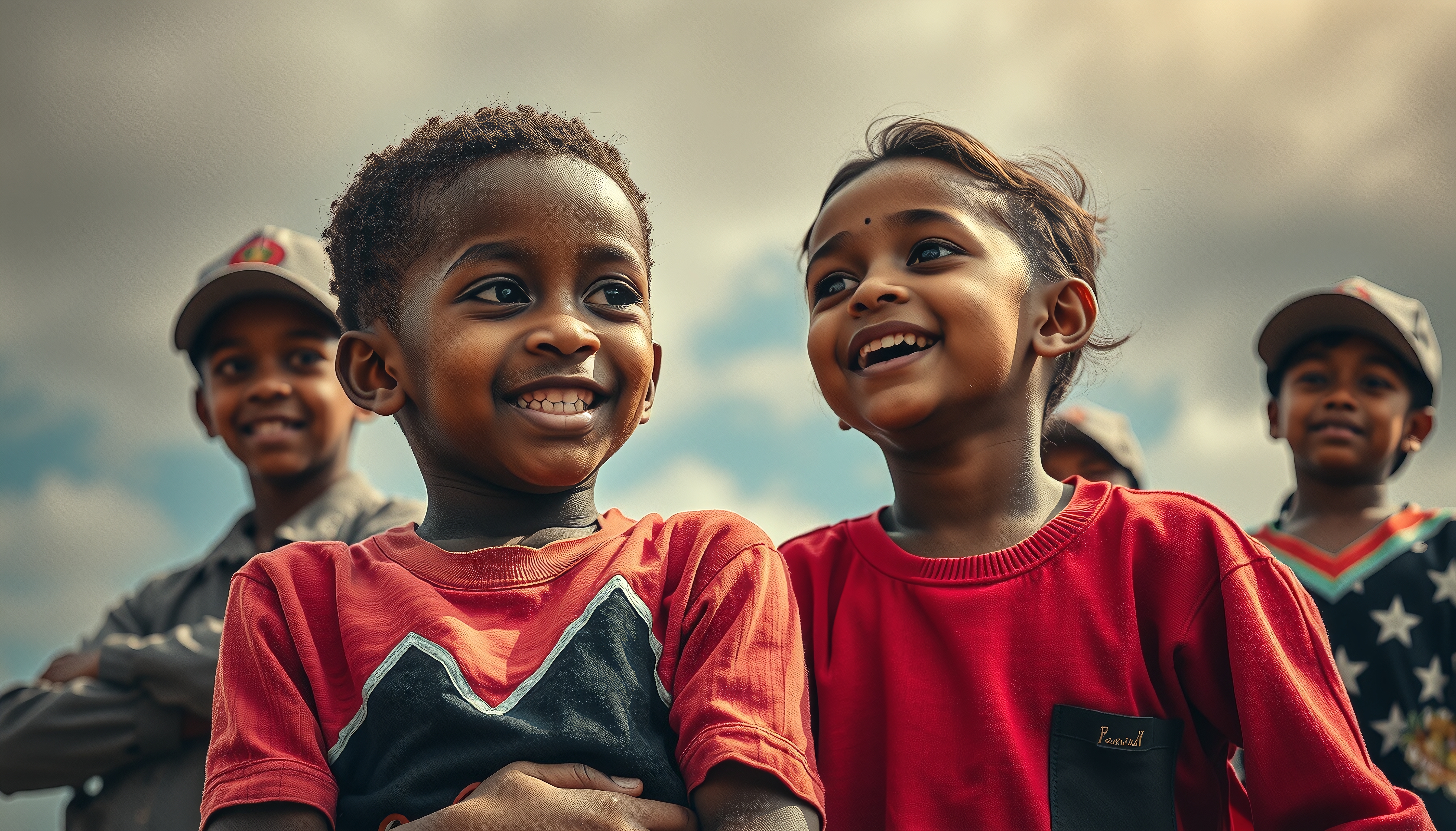 Joyful Friends Under Cloudy Sky