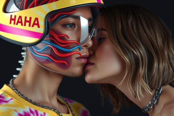 Close-up of two people, one wearing a colorful "HAHA" helmet and vibrant futuristic attire, as the other whispers closely.