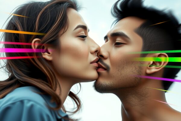 Artistic photo of a couple about to kiss, with colorful streaks and a serene backdrop.