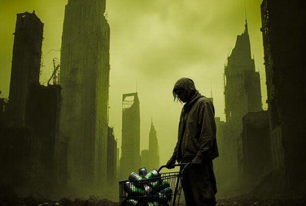 A hooded figure pushes a shopping cart filled with cans in a desolate, post-apocalyptic cityscape with towering, decayed skyscrapers under a greenish sky.