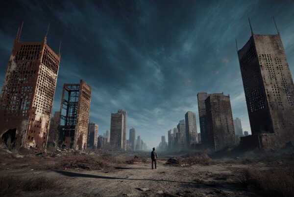A solitary figure amid crumbling skyscrapers in a post-apocalyptic urban landscape.