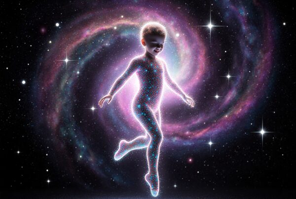A child-like figure dances in a glowing galaxy background, surrounded by stars.