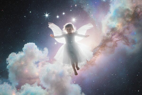 A child fairy floats in a mystical starry sky, surrounded by ethereal clouds and a cosmic glow.