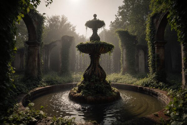 A vintage fountain is surrounded by ivy-covered columns in an overgrown and sunlit courtyard.
