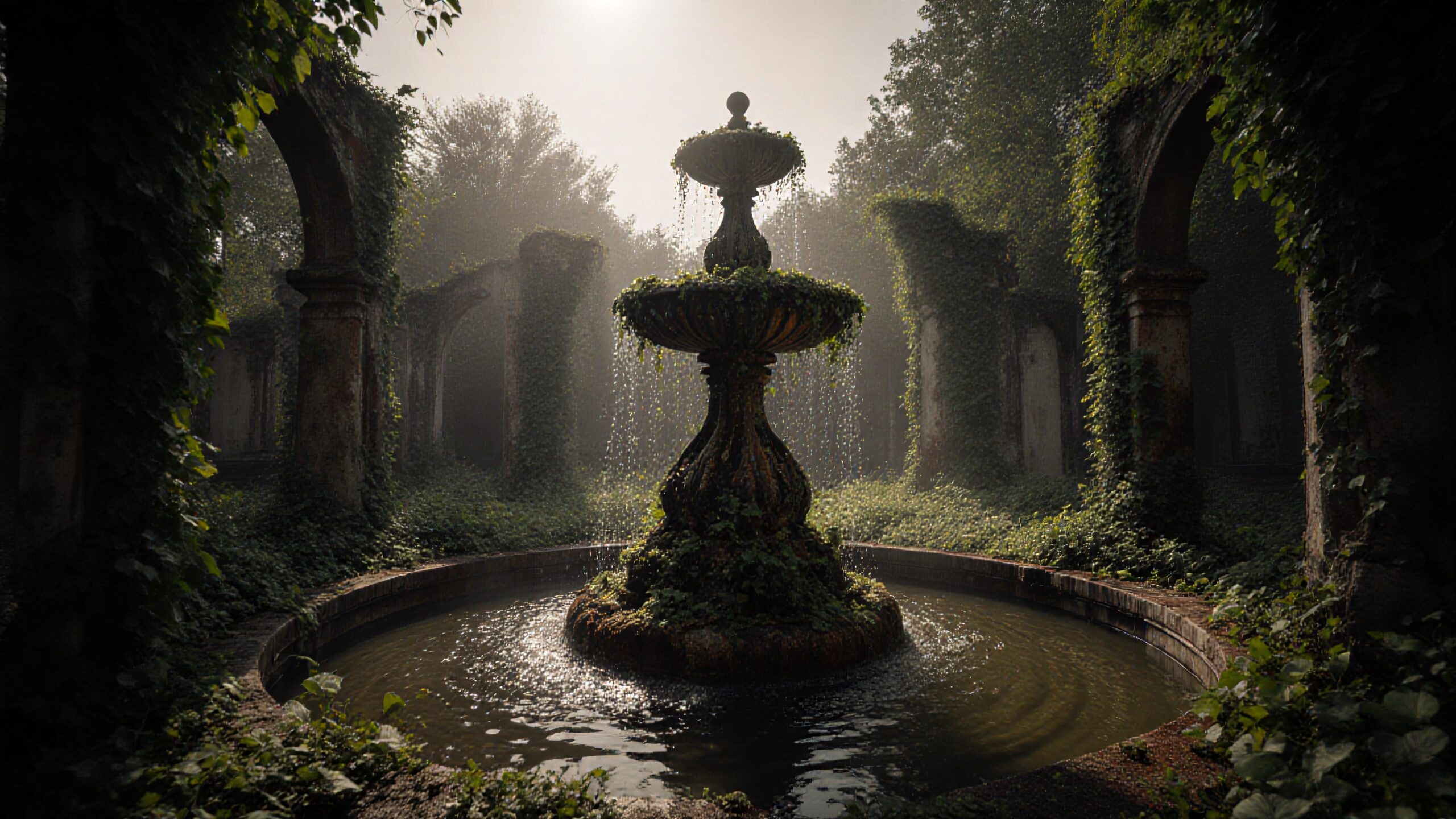 Enchanted Overgrown Courtyard with Fountain