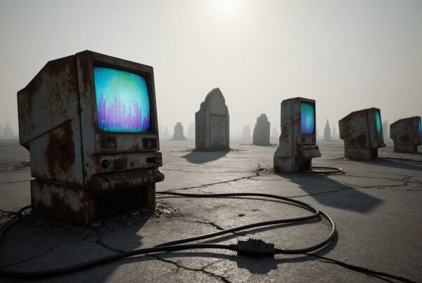 Rusty computer monitors in an apocalyptic, barren landscape showcasing digital pixels and decay.