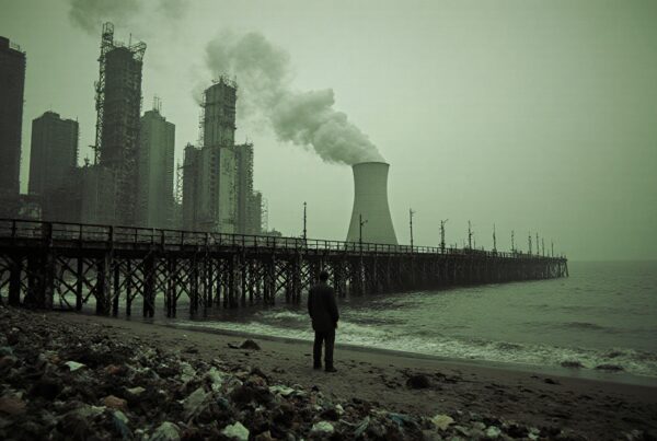 A deserted industrial shoreline with a smoking cooling tower and a lone figure.