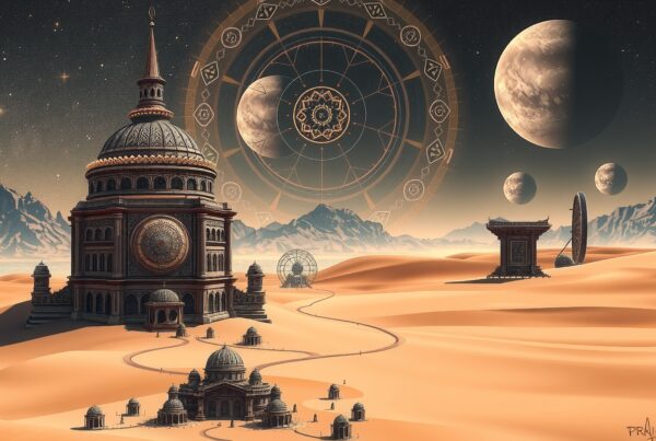 Intricate desert realm with celestial elements under a starry sky.