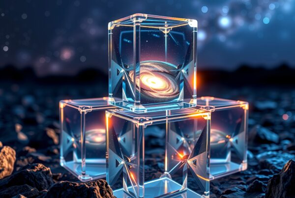 Glowing galaxies encapsulated in glass cubes under a starry sky.