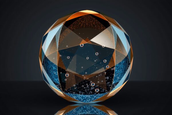 Intricate glass sphere with bubbles, blue and gold reflective design.