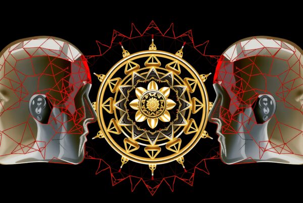 Futuristic art with human head silhouettes and mandala pattern.