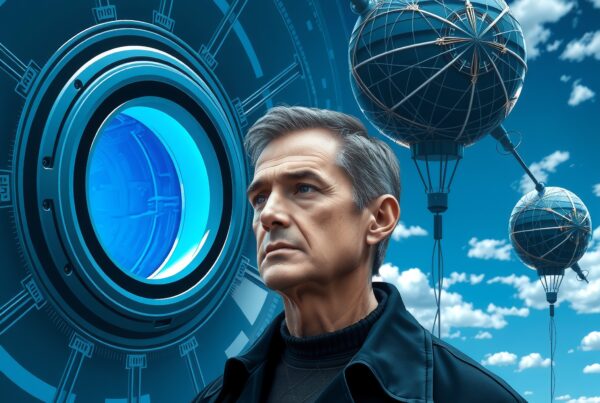 A man stands in a futuristic setting with floating spheres and glowing technology against a bright sky.