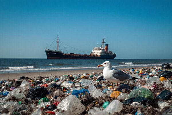 Seagull on polluted beach with plastic and ship in background.