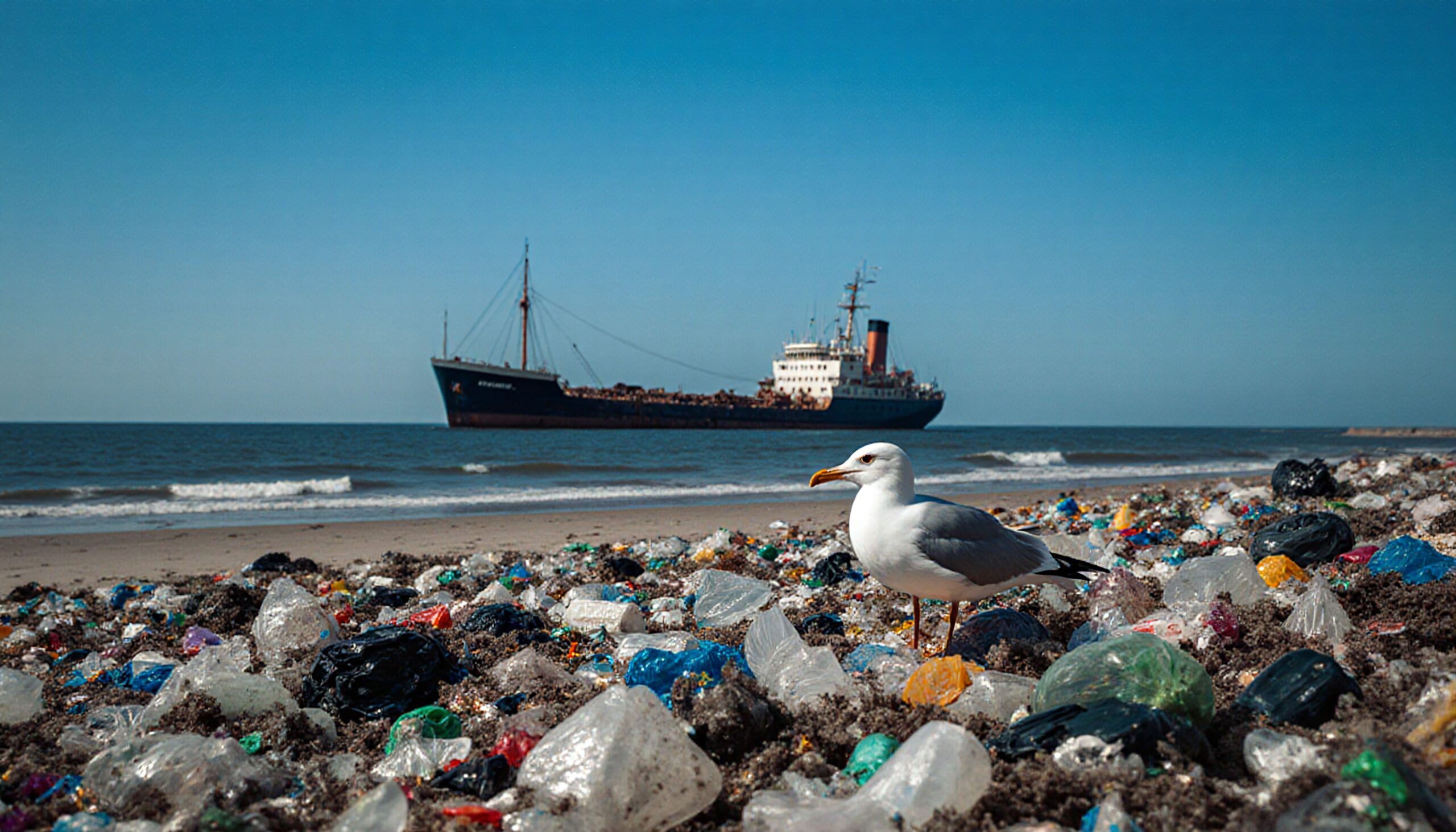 Seagull on littered beach shore