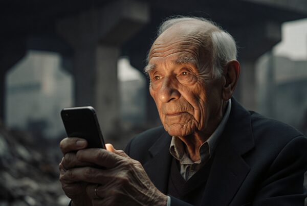 An elderly man in a dark suit focuses intently on a smartphone amid a ruinous backdrop.