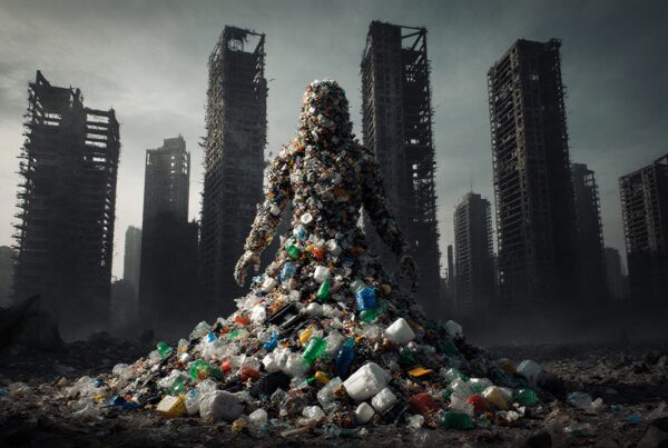 A person-shaped figure of garbage stands in a desolate cityscape surrounded by dilapidated skyscrapers, emphasizing pollution's impact.
