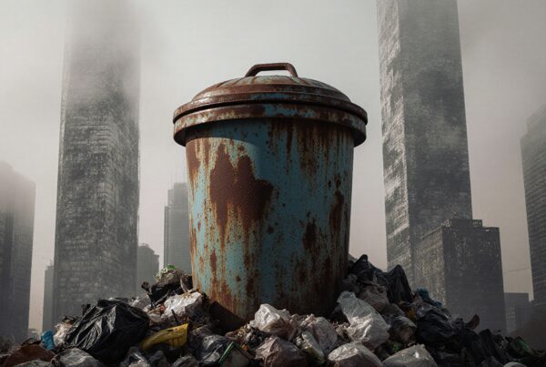 Rusted trash can on garbage heap against a foggy cityscape.