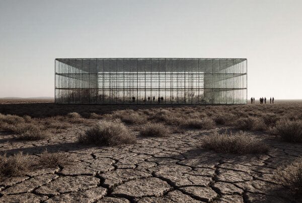A transparent architectural structure stands alone in a desolate desert landscape, with silhouetted figures visible inside.
