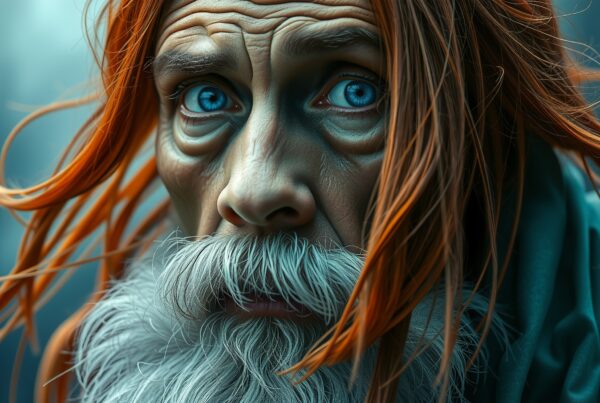 Portrait of an elderly man with striking blue eyes and flowing red hair.