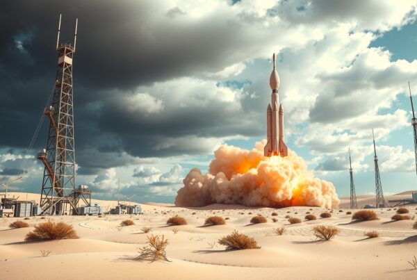 A powerful rocket launches from a desert, trailing smoke and fire under a dramatic sky.