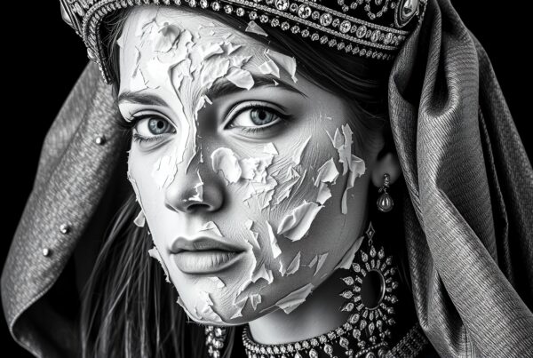 Monochrome woman with ornate jewels and cracked paint.