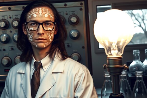A scientist with intricate face paint stands in a lab, illuminated by a large light bulb.