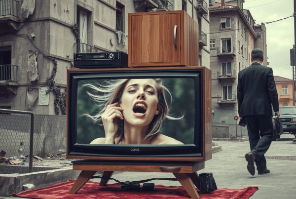 Surreal scene with vintage TV in urban setting.