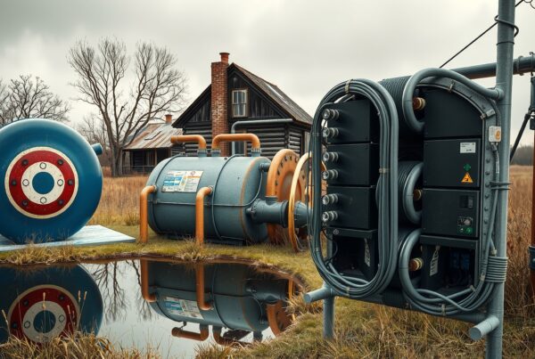 Industrial equipment in a rural landscape with an old cabin in the background.