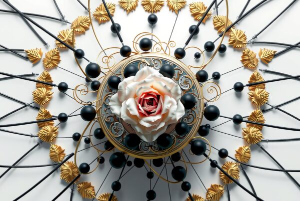 Intricate design featuring a central rose surrounded by golden leaves and black spheres on a white backdrop.