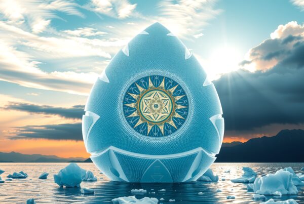 Futuristic spherical structure floating amid icebergs against a dramatic sunset sky with mountains in the background.