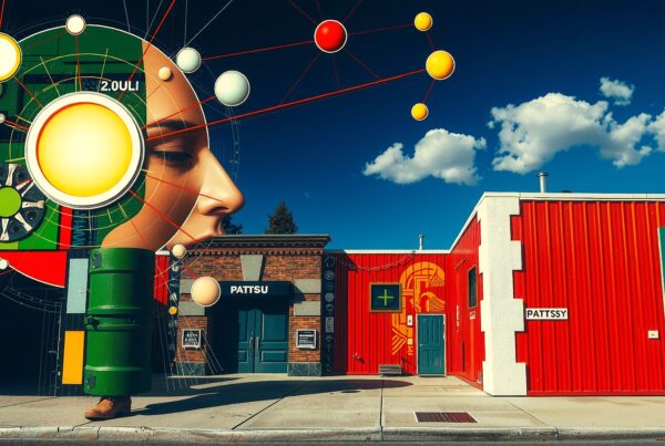 Surreal artwork combining urban and abstract geometric elements against a bright skyline.