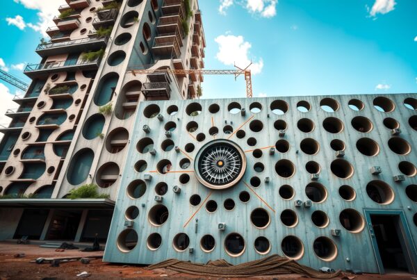 A modern building with circular cutouts and a compass emblem under a clear sky.