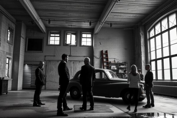 Group discussing a classic car in an industrial-style warehouse with large windows and natural light.