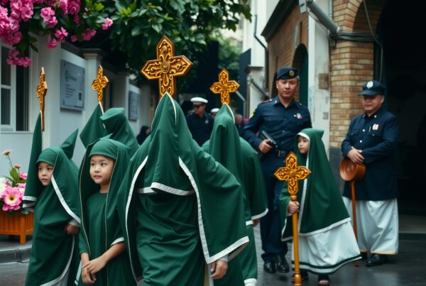 Children in vibrant green robes participated in a religious procession carrying intricately designed golden crosses, surrounded by lush pink flowers and watchful guards in navy uniforms.