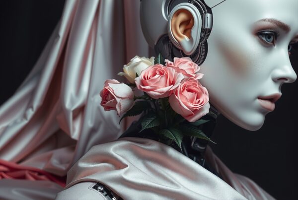 A futuristic robot with pink roses and silk fabric.