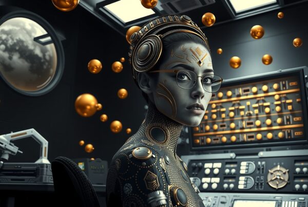 A futuristic humanoid with golden patterns in a high-tech control room.