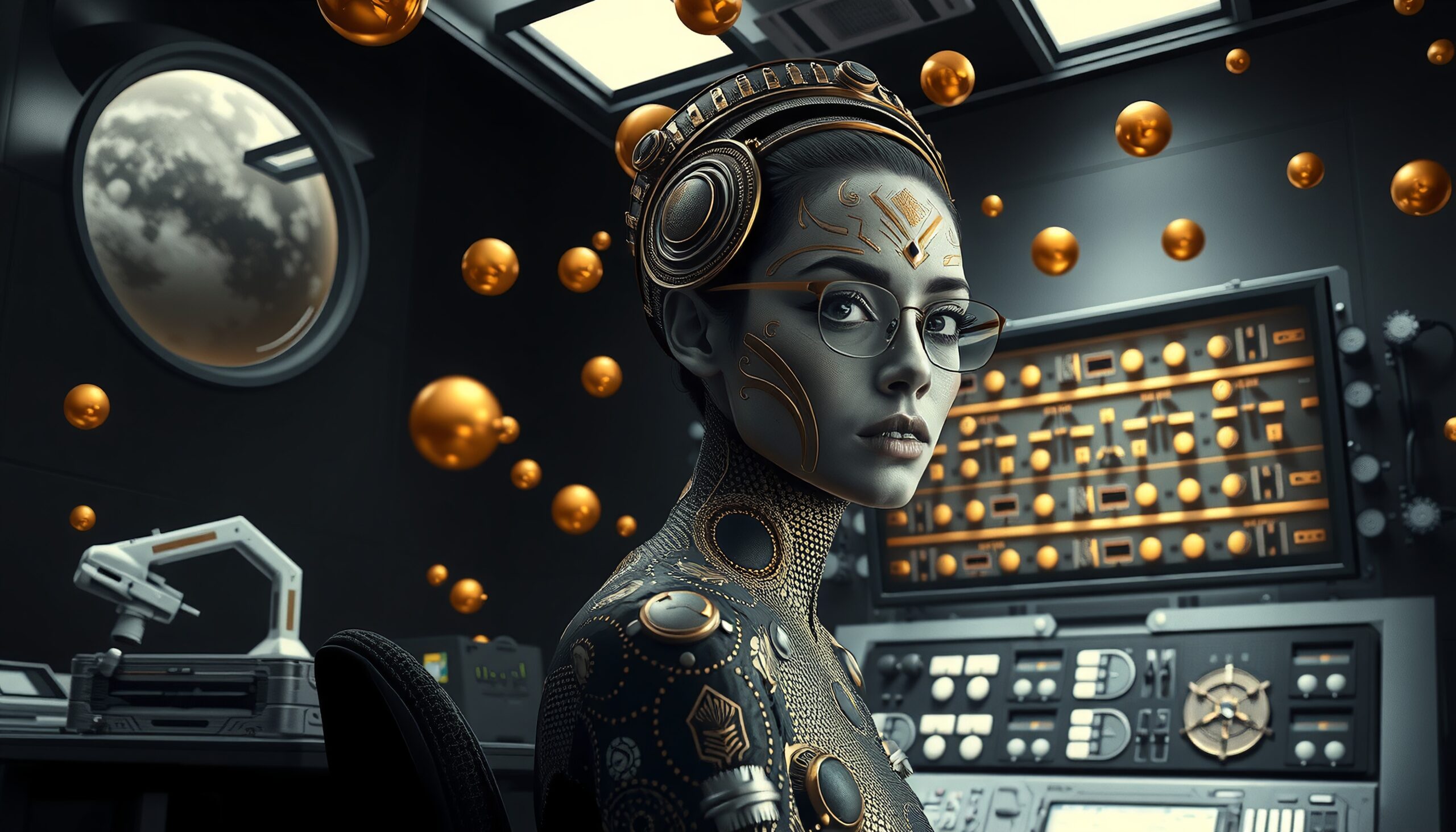 Cybernetic Operator Amidst Golden Spheres