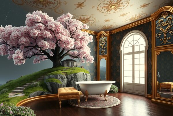 A luxurious bathroom with a pink cherry blossom tree merging into ornate classical architecture, featuring a freestanding bathtub and natural light.