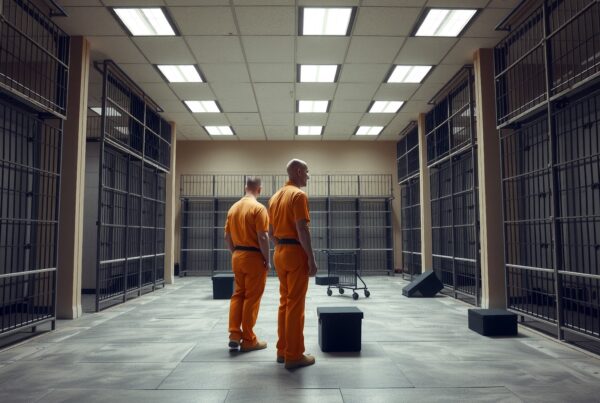 Two men in orange jumpsuits stand in a dimly lit prison corridor lined with barred cells and gray tiles.