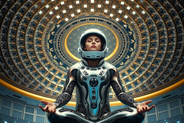 A futuristic figure meditates under a striking domed structure, emphasizing harmony between humanity and technology.