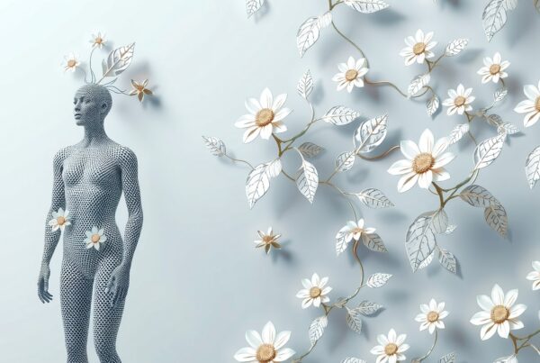 A geometric humanoid figure with branches and flowers in a serene blue-gray background, symbolizing nature's connection to humanity.