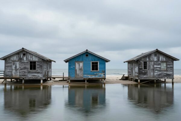 Three rustic beach huts on a sandy shore reflect in calm water under a cloudy sky.