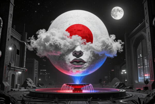 Futuristic cityscape with mosaic face and fountain.