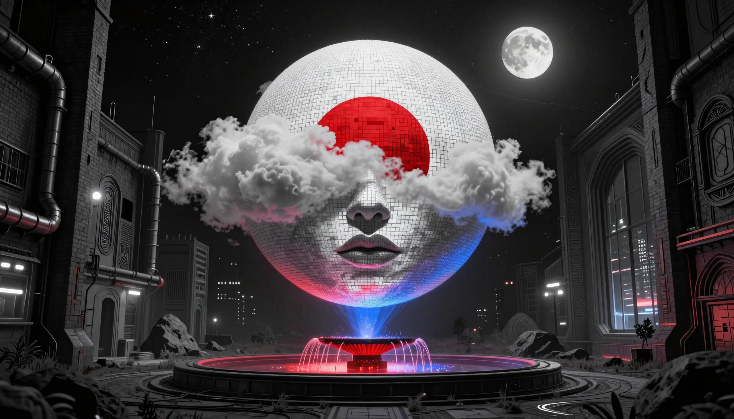 Surreal Nightscape with Mosaic Face