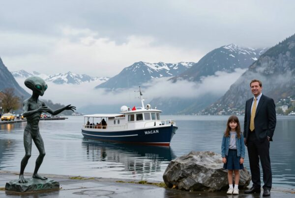 A man, girl, and alien statue by a boat on a misty mountain waterfront.