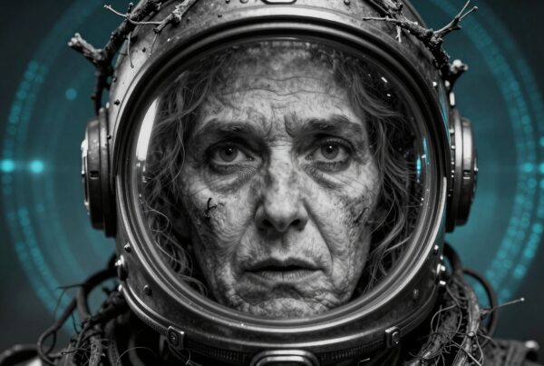 An elderly woman in a vintage space helmet with twigs interwoven in her hair, set against a mystical blue backdrop.